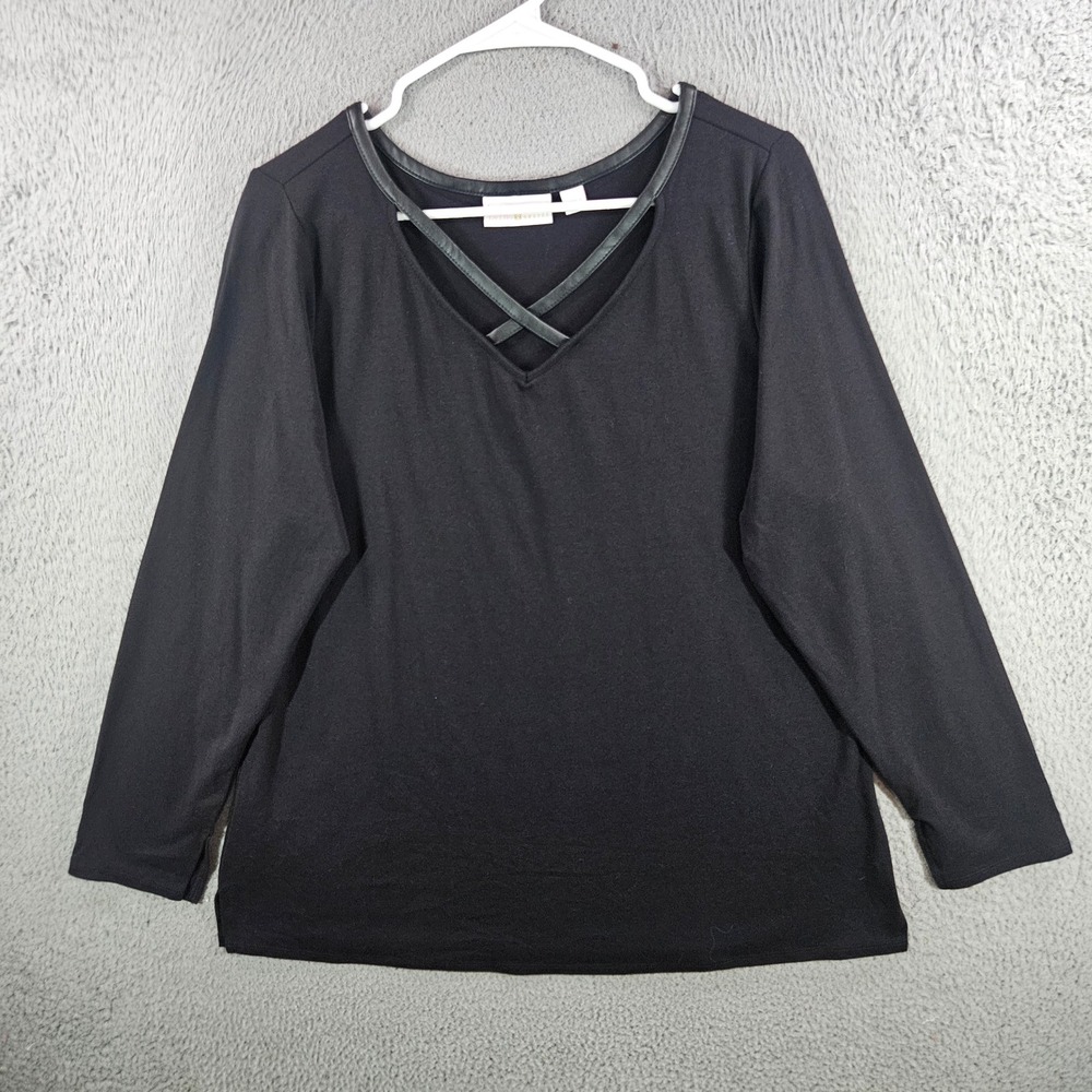 Belle by Kim Gravel Womens Black Faux Leather Trim‎ Crisscross V-Neck Top Large